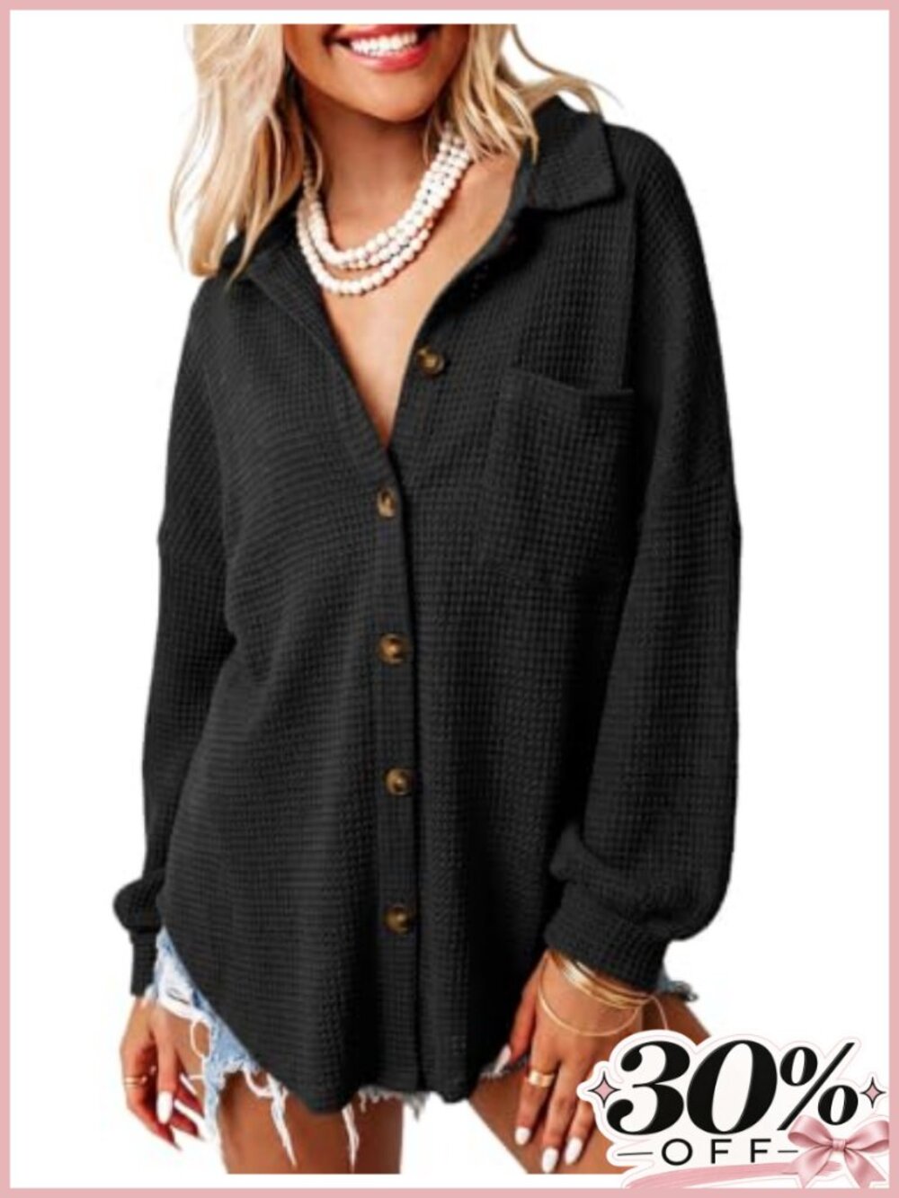 Waffle Knit Shacket Button Down Shirt Loose Fit Long Sleeve Casual Women